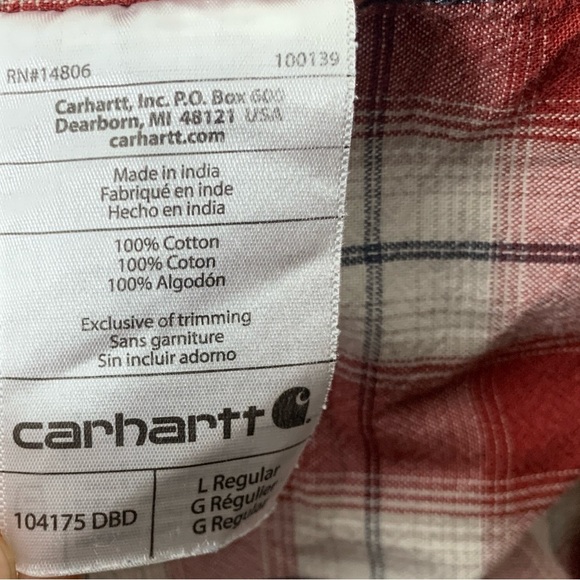 Carhartt Men Size Large Shirt Short Sleeve Top Red White Checkered Plaid Cotton - Picture 8 of 8